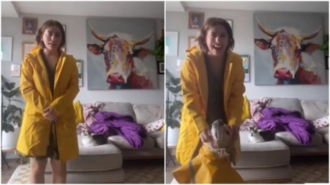 Woman twins with pet dog in yellow raincoat. Cute viral video – India Today